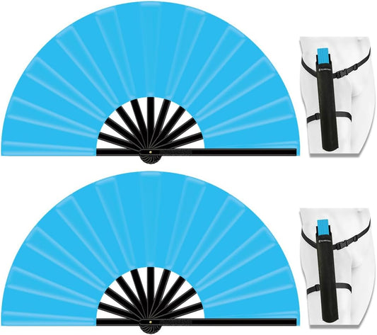 13" Large Folding Rave Fan with Holster, Clack Hand Fans Foldable for Line Dancing, Boots On The Ground Fan for Women Men Festival EDM Party Decoration, Light Blue 2 Pack