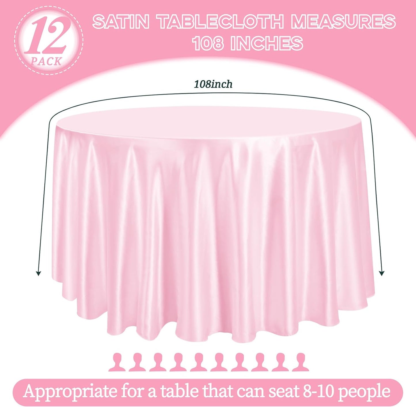 fani 12 Pack 108 Inch Light Pink Satin Tablecloth - Silky Round Tablecloth Overlay Smooth Fabric Table Cover, Bright Table Decoration for Wedding Party Banquet Events Restaurant Kitchen Dining