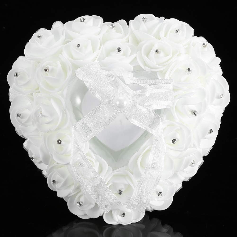 Hilitand Wedding Ring Cushion Pillow Romantic Heart Shaped Wedding Ring Box Rose Rhinestone Decorative Jewellery Boxes(White)