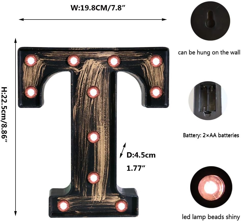 OYCBUZO Golden Black Led Marquee Letter - Industrial, Vintage Style Light Up Alphabet Letter Sign for Cafe Wedding Birthday Party Christmas Lamp Home Bar Initials Decor - T