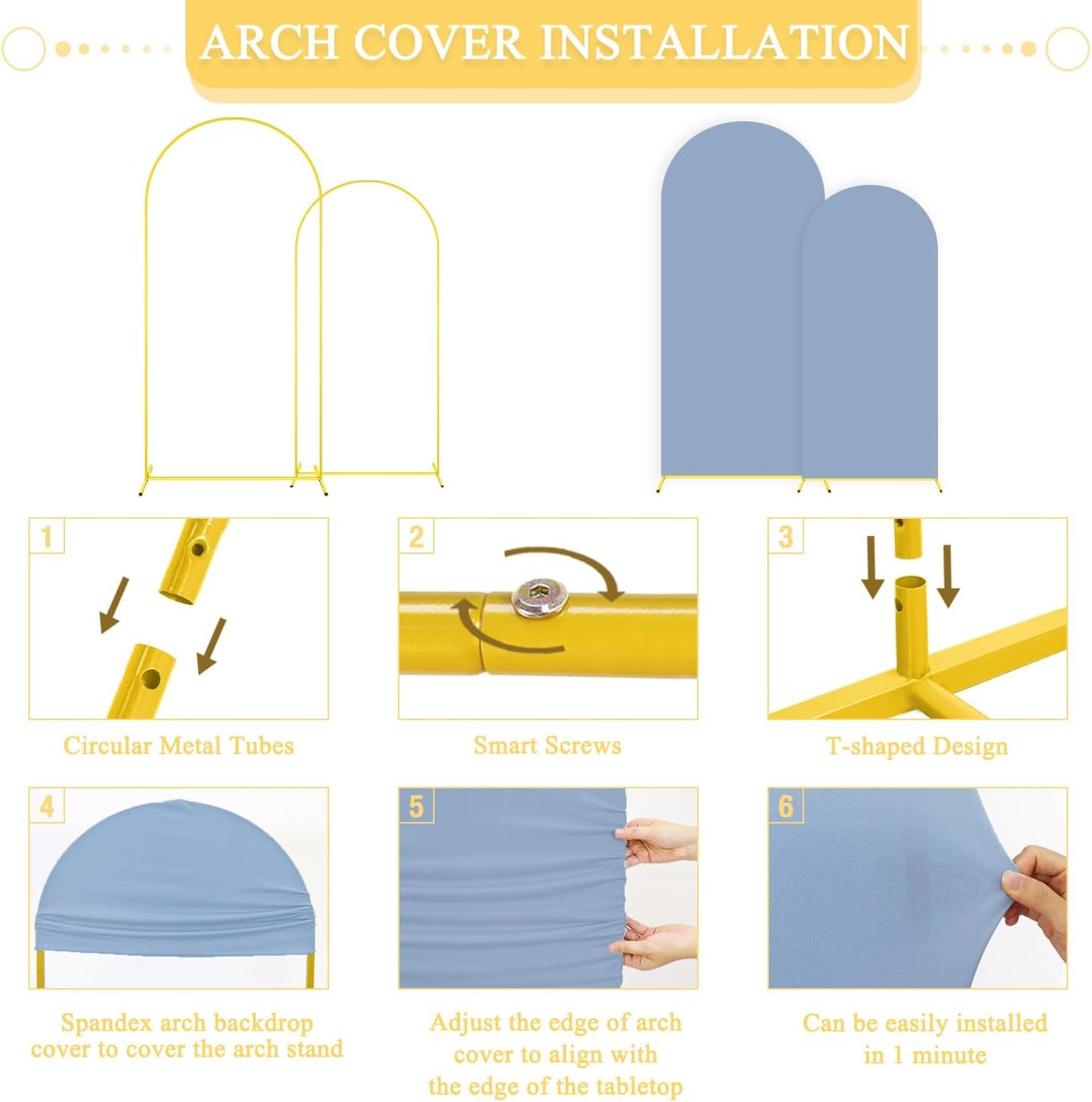 Arch Backdrop Stand and Cover Set 6FT 7.2FT Dusty Blue Arch Backdrop Covers Set of 2 Gold Metal Arch Frame Spandex Arched Covers for Birthday Party Banquet Wedding Ceremony Decor