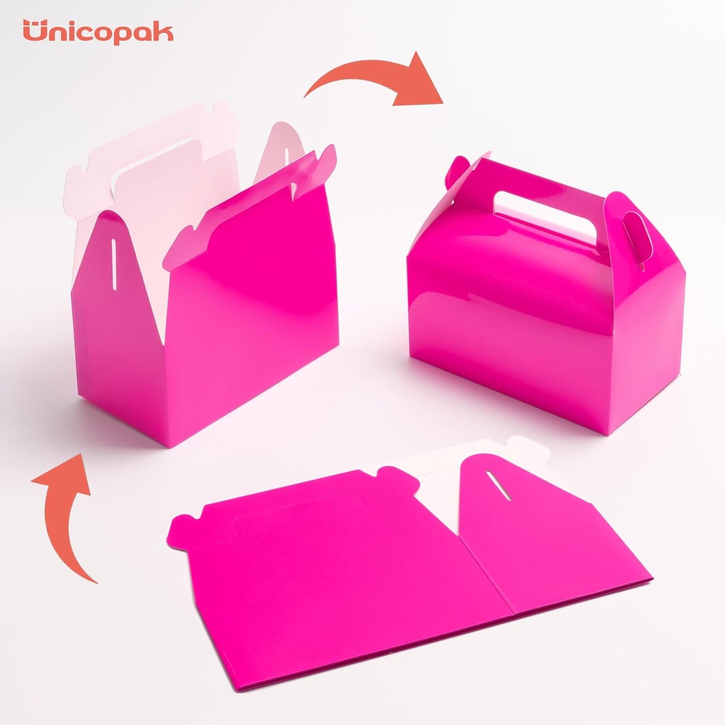 UnicoPak 30 Pack Shiny Hot Pink Gable Gift Boxes Party Favor Boxes, Candy Treat Boxes Goodie Bags for Candy, Treats, Girl Theme Birthday Party Wedding Valentine Baby Shower – 6.5x3.5x3.5 Inches