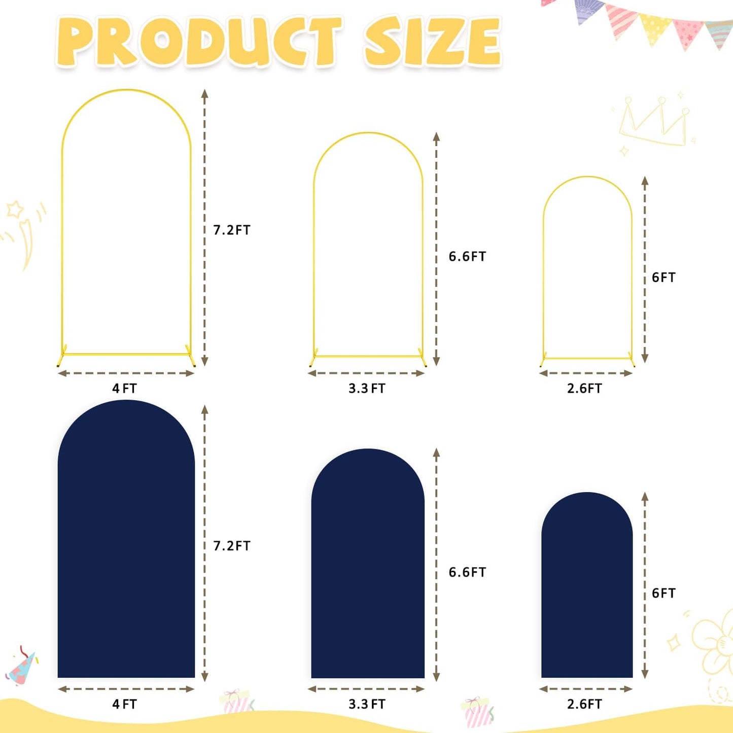 Metal Arch Backdrop Stand and Cover Set 6&6.6&7.2ft Navy Blue Arch Backdrop Covers Gold Wedding Arch Stand Set of 3 Spandex Arched Covers for Bridal Baby Shower Banquet Party Decoration