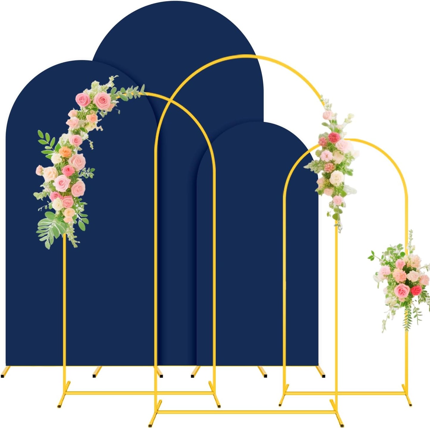 Party Arch Backdrop Stand and Cover Set of 3 (7.2FT, 6.6FT, 6FT) Metal Arch Stands with Navy Blue Arch Covers Stretchy Backdrops Wedding Arch Backdrop Stands Cover for Birthday Banquet Ceremony Decor