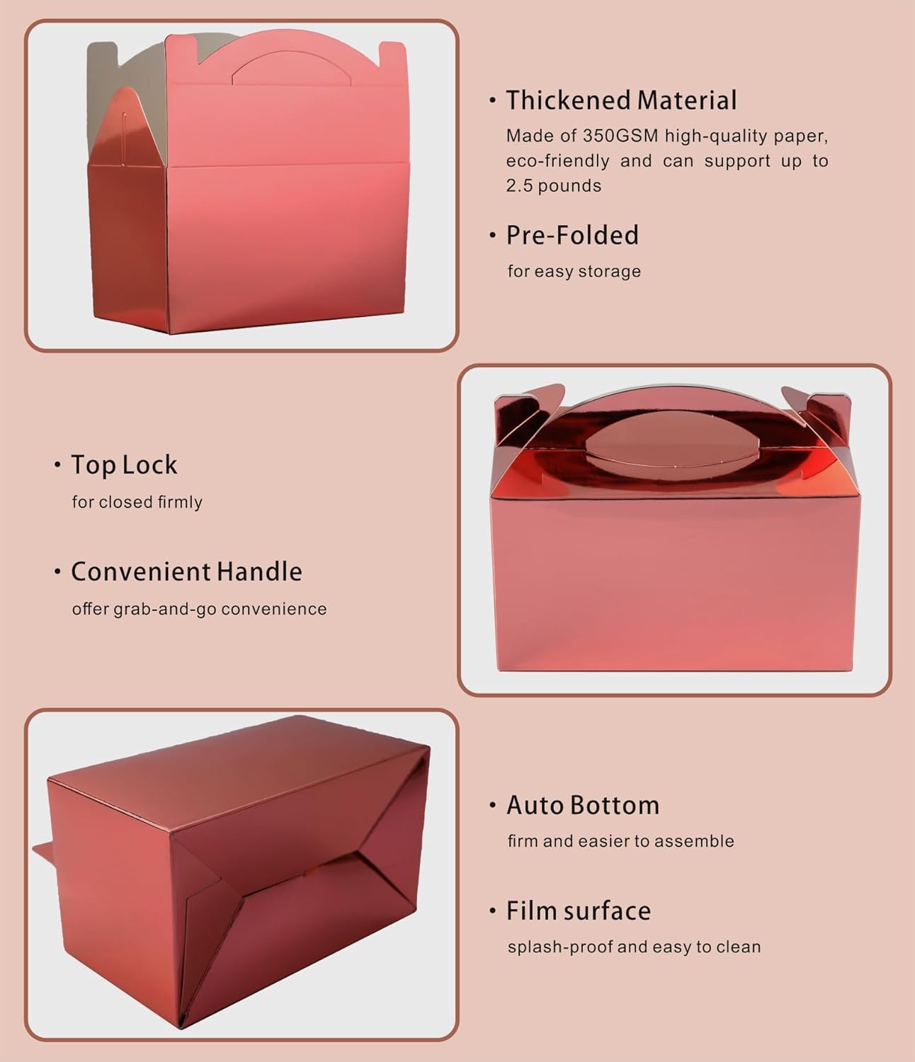 30-Pack Rose Gold Gable Treat Boxes with Handles, 6" Pop-Up Party Favor Gift Boxes for Birthday, Wedding, Baby Shower, Eco-Friendly Candy, Cookie, Goodie Bags for Kids, Bachelorette Decor
