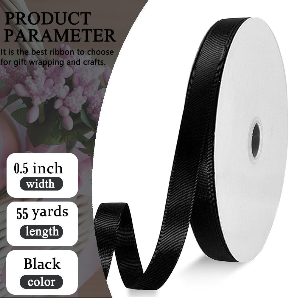 Black Satin Ribbon Double Faced Satin 1/2 inch x 55 Yards Polyester Ribbon for Gift Wrapping Crafts Wedding Decoration Bows Ornaments Party Bouquet Floral Arrangement