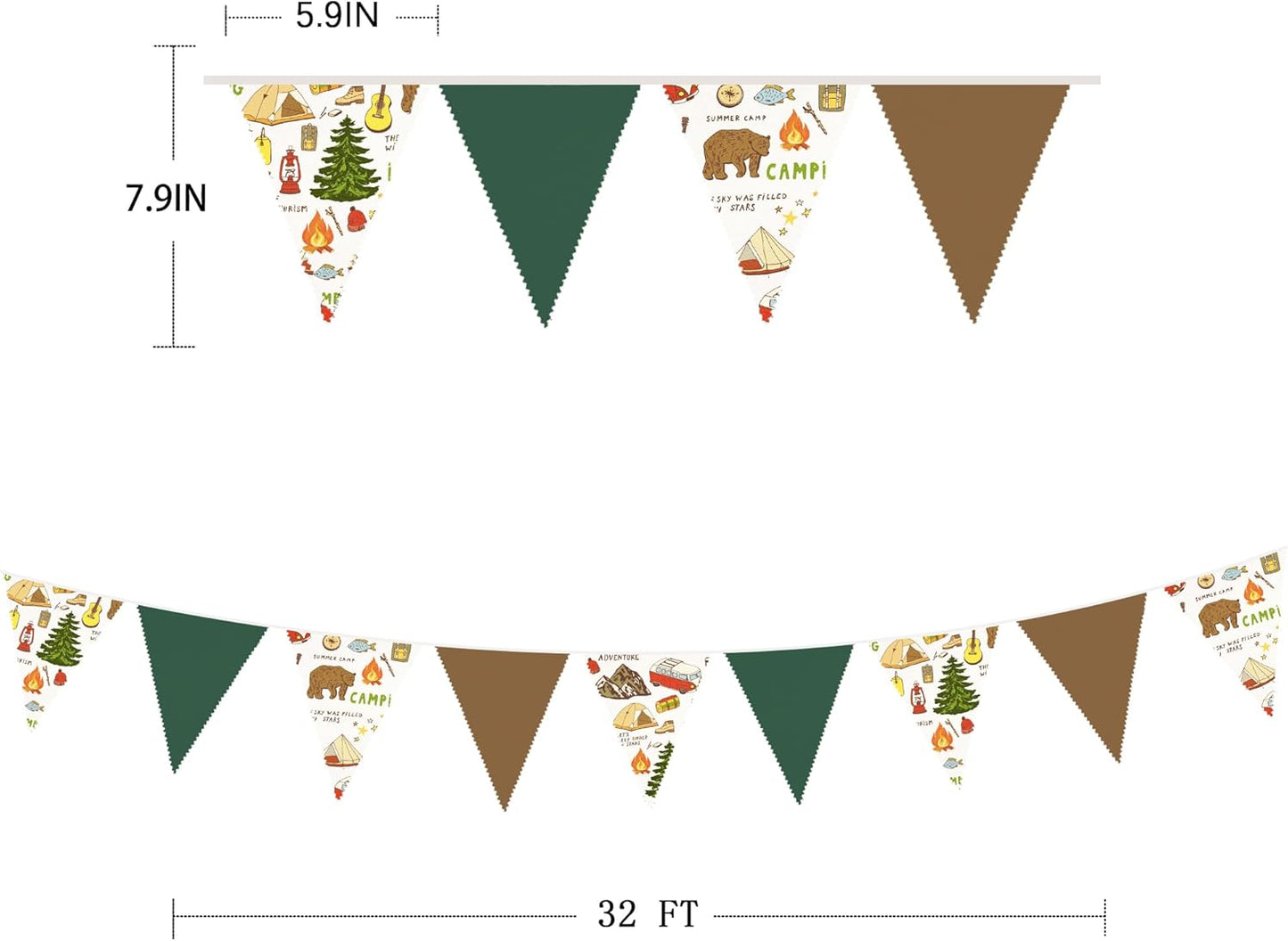 32Ft Camping Party Decorations Green Brown Camper Triangle Flag Fabric Banner Pennant Garland Streamers for Camping Birthday Glamping Baby Shower Campfire Adventure Woodland Travel Party Decor
