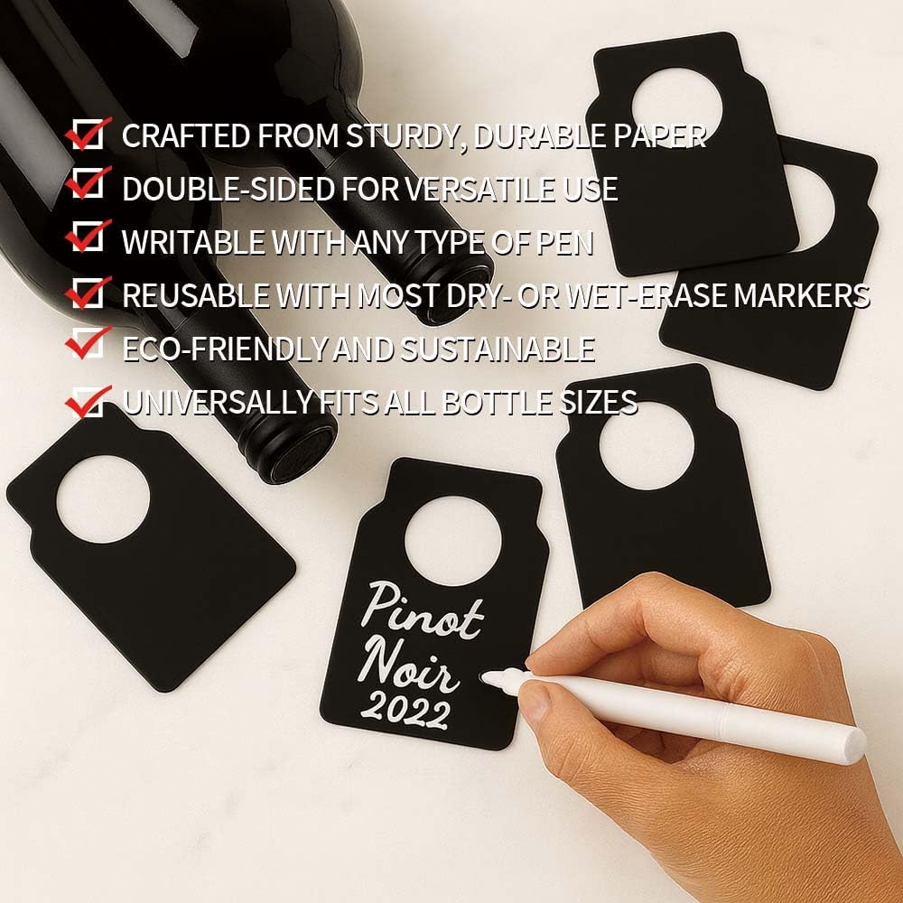 100 PCS Wine Bottle Tags –Paper Hanging Cellar Labels for Bottle Neck, Double-Sided Writable Gift Tags for Wine Racks, Champagne & Homebrew Organization (Black)