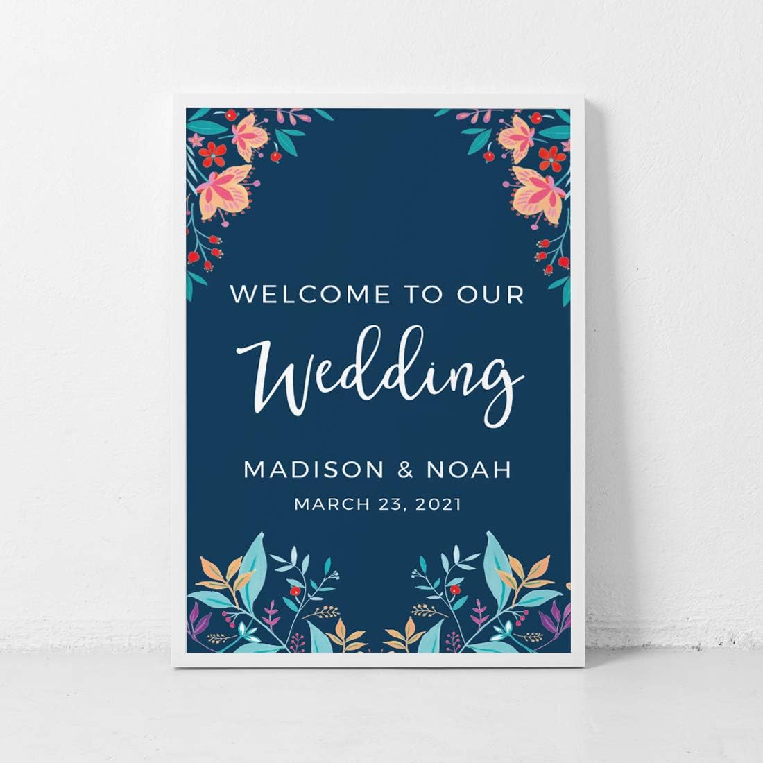 Andaz Press Personalized Extra Large Wedding Easel Board Party Sign, 12x18-inch, Vintage Bohemian Flowers on Navy Blue, Welcome to Our Wedding Bride Groom Name Date, 1-Pack, Custom