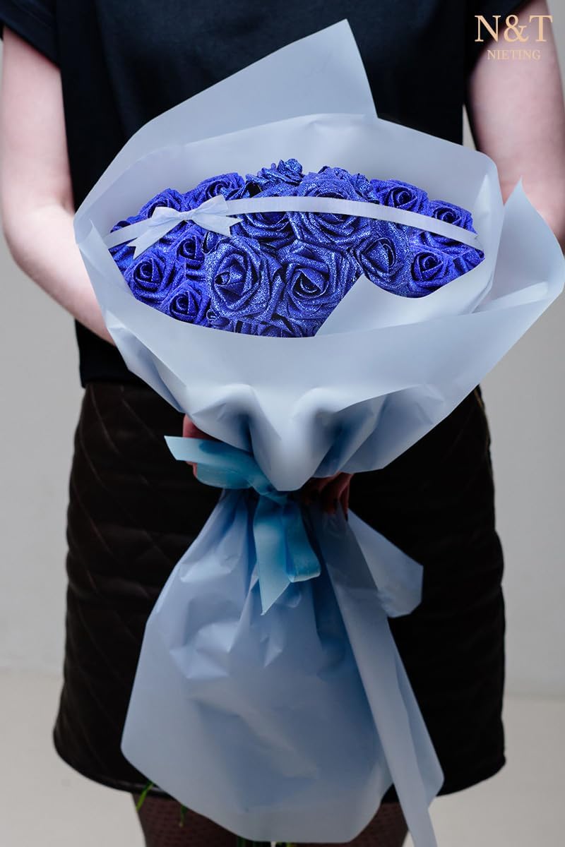 N&T NIETING Artificial Flowers Glowing Navy Blue Flowers Foam 50pcs Glitter Roses Real Looking Fake Roses with Stem for DIY Wedding Bouquets Centerpieces Bridal Shower Party Home Decorations