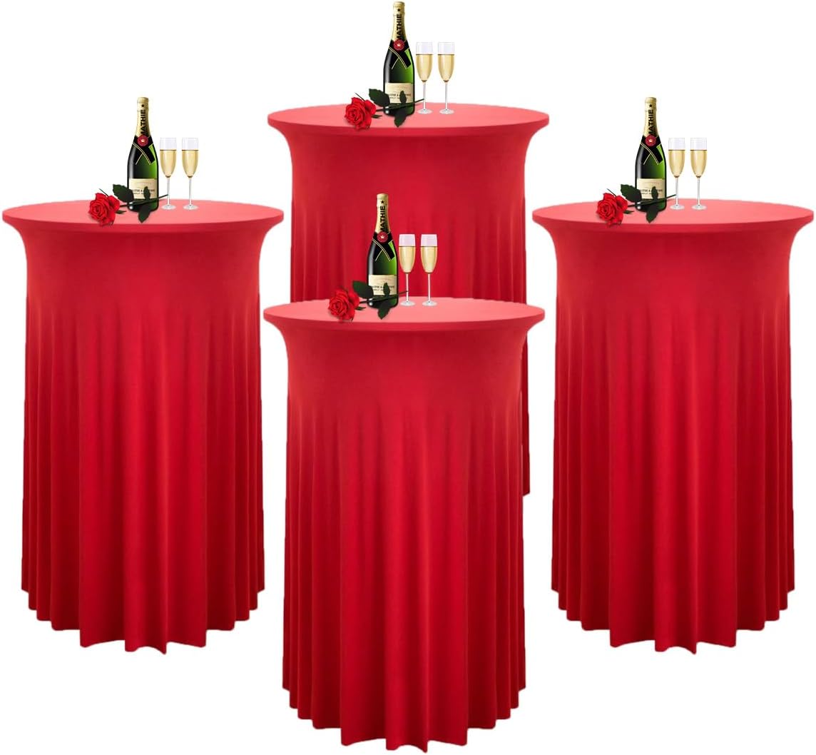 Albassa 4 Pack Cocktail Table Covers 32"x 43" Spandex Stretch Round Cocktail Tablecloths with Wavy Drapes Fitted High Top Bar Table Skirt for Wedding Party Banquet (Red, 4 PCS)