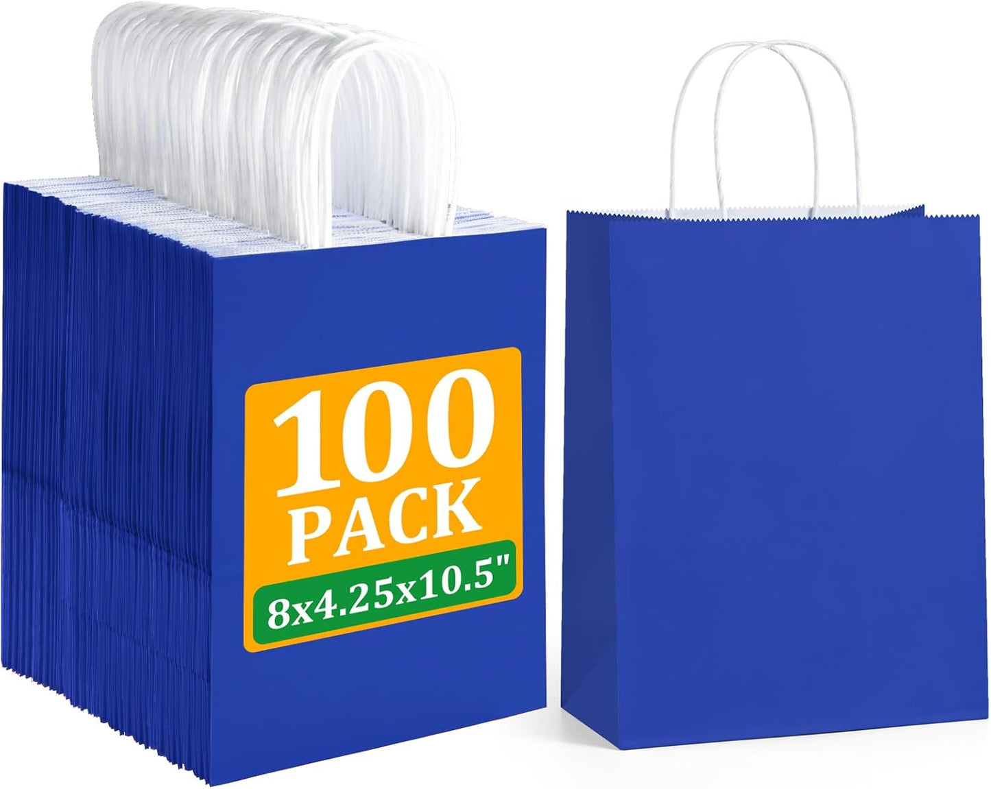 BagDream 8x4.25x10.5 Inch 100Pcs Royal Blue Gift Bags Medium Size, Kraft Paper Bags with Handles Bulk for Wedding, Party Favors, Business, Retail, Grocery Paper Sacks