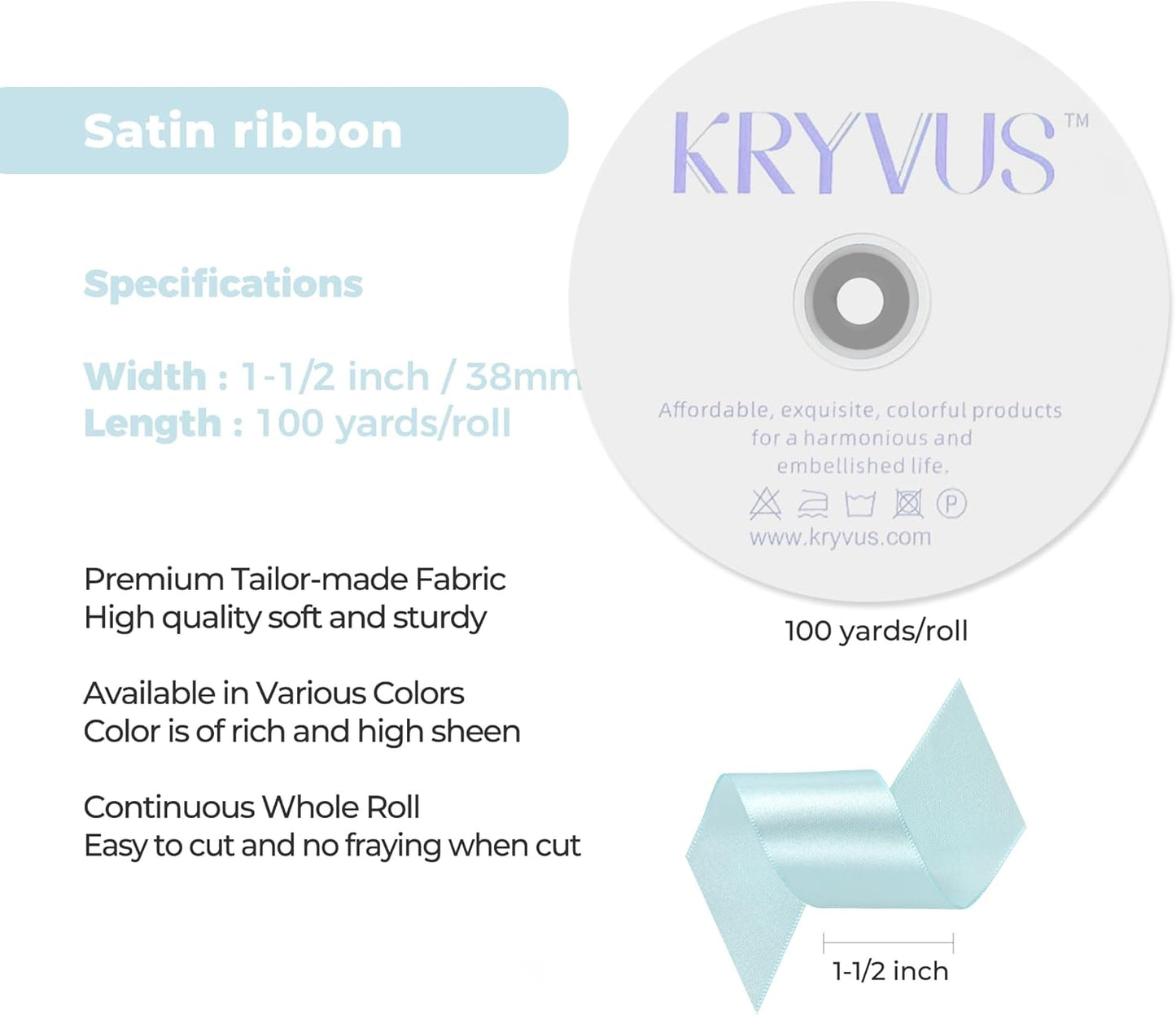 Light Blue Satin Ribbon 1-1/2 inch X Continuous 100 Yards, Single Face Polyester Ribbon Perfect for Gift Wrapping, Flower Bouquet, Wedding Decor, Crafts, Bow Making, Sewing and More