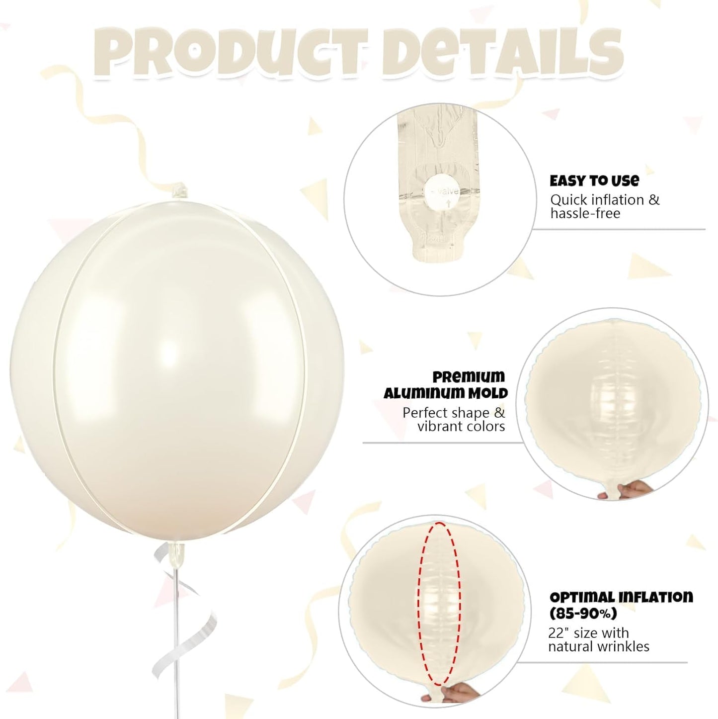 Beige Giant Foil Balloons, 6Pcs Large Metallic Cream Round Balloons, 22 Inch Big Round Foil Balloon for Cream Birthday Party Baby Shower Wedding Decorations