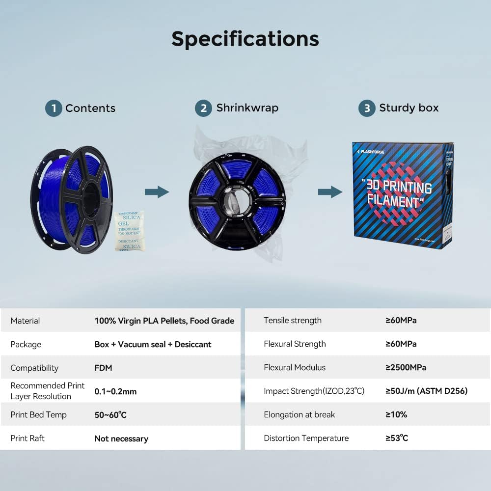 FLASHFORGE 3D Printer Filament, PLA PRO Filament 1.75mm, 1KG Spool (2.2lbs), Dimensional Accuracy +/- 0.02mm for FDM 3D Printers, Better Tenacity & No Knotting (Blue)