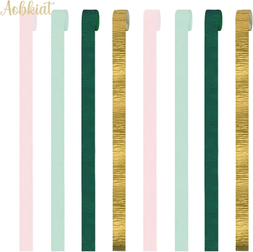 AOBKIAT Wedding Decor Sage Pink Gold Crepe Paper 8 pcs Streamers Party Decorations for Wedding,Rustic Bachelorette,Birthday,Bridal/Baby Shower,Anniversary Party Backdrop Decoration
