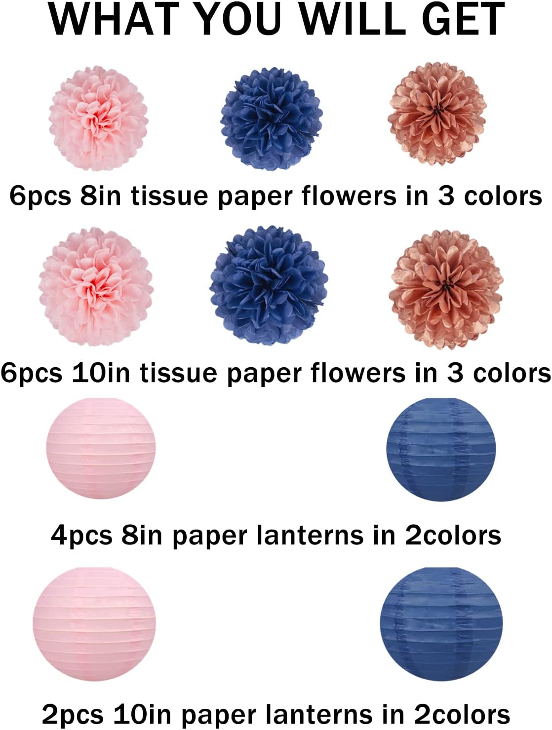 Rose-Gold Navy-Blue Pink Party Decorations - 18pcs Gender Reveal Decor,Tissue Pom Poms Event Supplies,Paper Flowers,Paper Lanterns,Baby Shower decoration,Birthday,Engagement,Bachelorette,Wedding