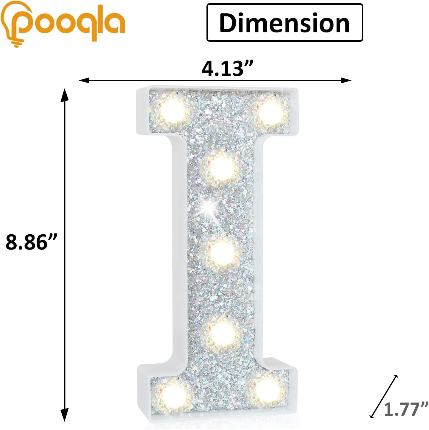 Pooqla Light Up Letters, LED Marquee Letters for Silver Birthday Decorations, Battery Powered Night Light Teenager Girl Room Decor, Gift for Girls Boys Wedding Bedroom Christmas Party Decor, Letter I