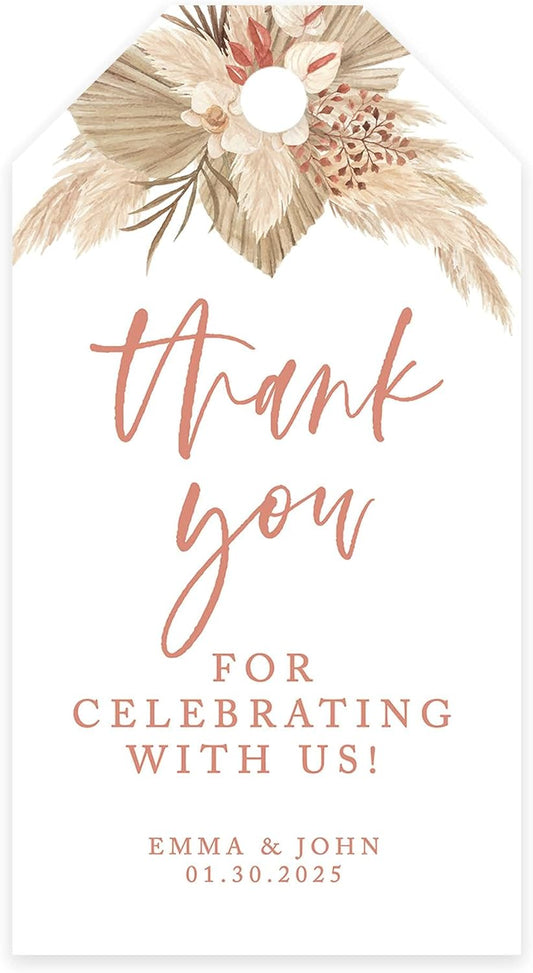 Andaz Press 100 Pack Personalized Thank You Tags with Boho Design, Dried Palms - Boho Custom Wedding Gift Tags for Wedding Party Favors - 2 x 3.75-Inches