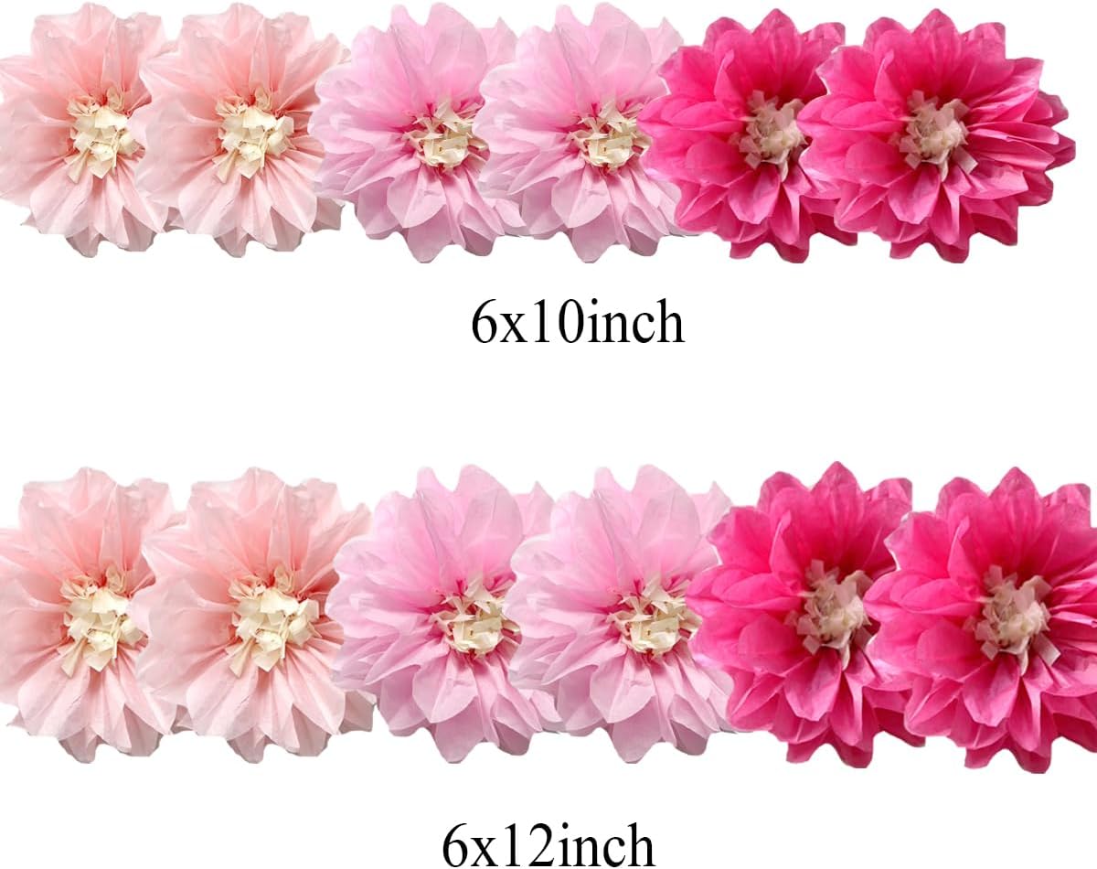 12pcs 10in 12in Paper Flowers Tissue Flowers Pom Paper Pom Poms Hanging Flowers Floral Backdrop Wedding Party Flower Decorations DIY Art Craft Blooms for Birthday Baby Shower Nursery Decor Pink