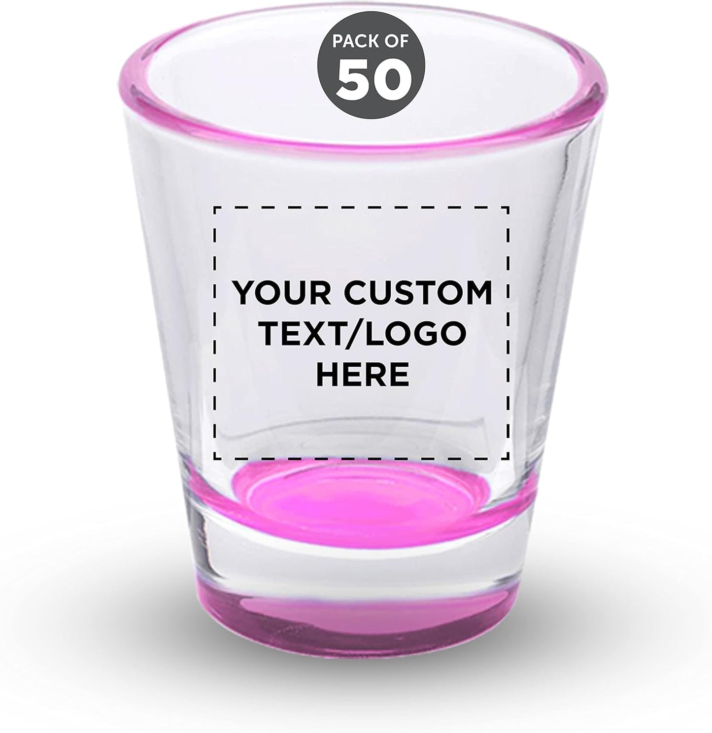 Custom Shot Glasses 1.75 oz. Set of 50, Personalized Bulk Pack - Great for Wedding Favors, Bachelorette Party Decorations, Party Fovors, Color Bottom - Pink