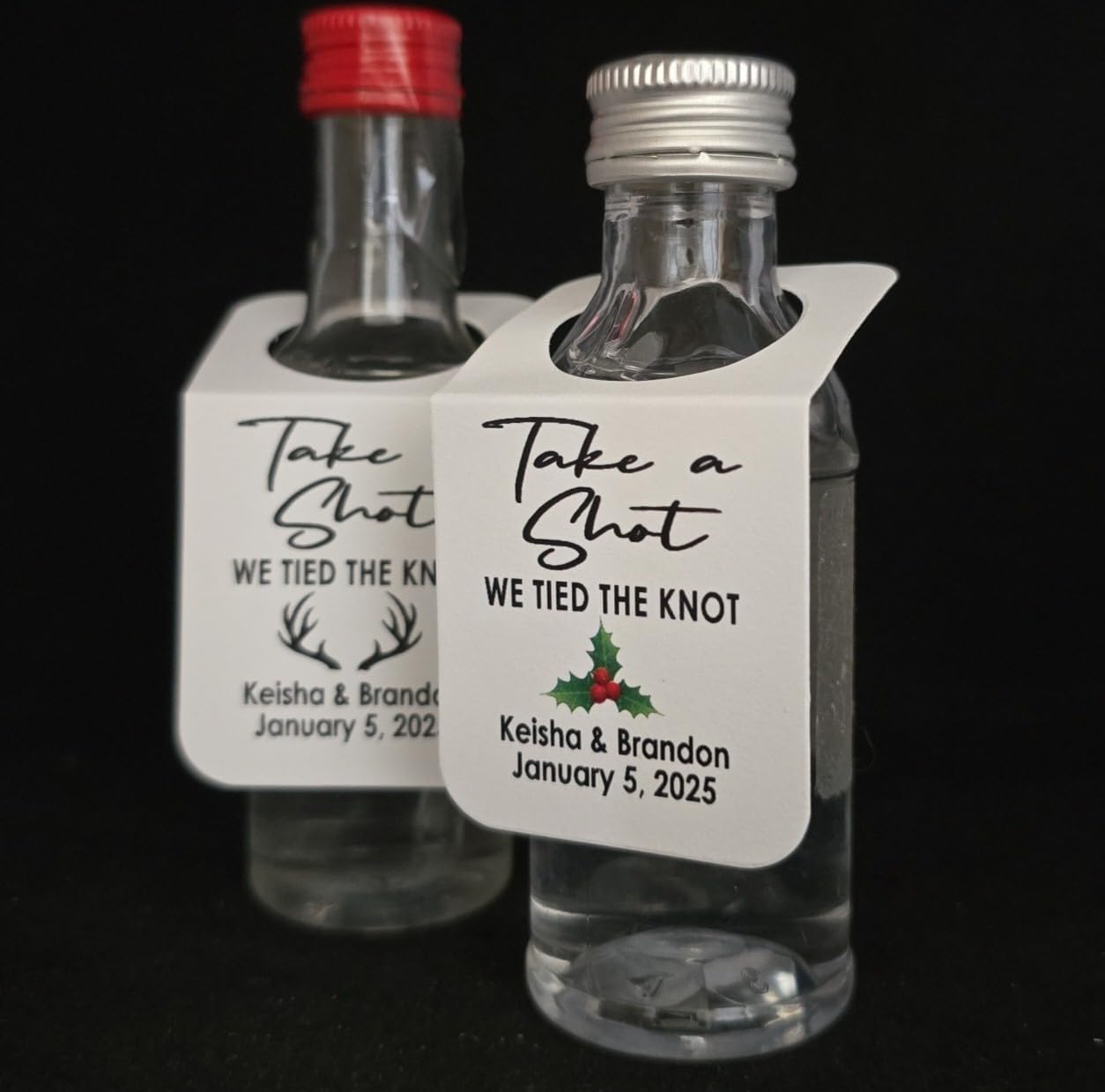 Take a Shot We Tied (or are Tying) The Knot (Rectangle Tags) 1.5" x 3" with Hanging Hole, Set of 25 Tags Personalize with Names,