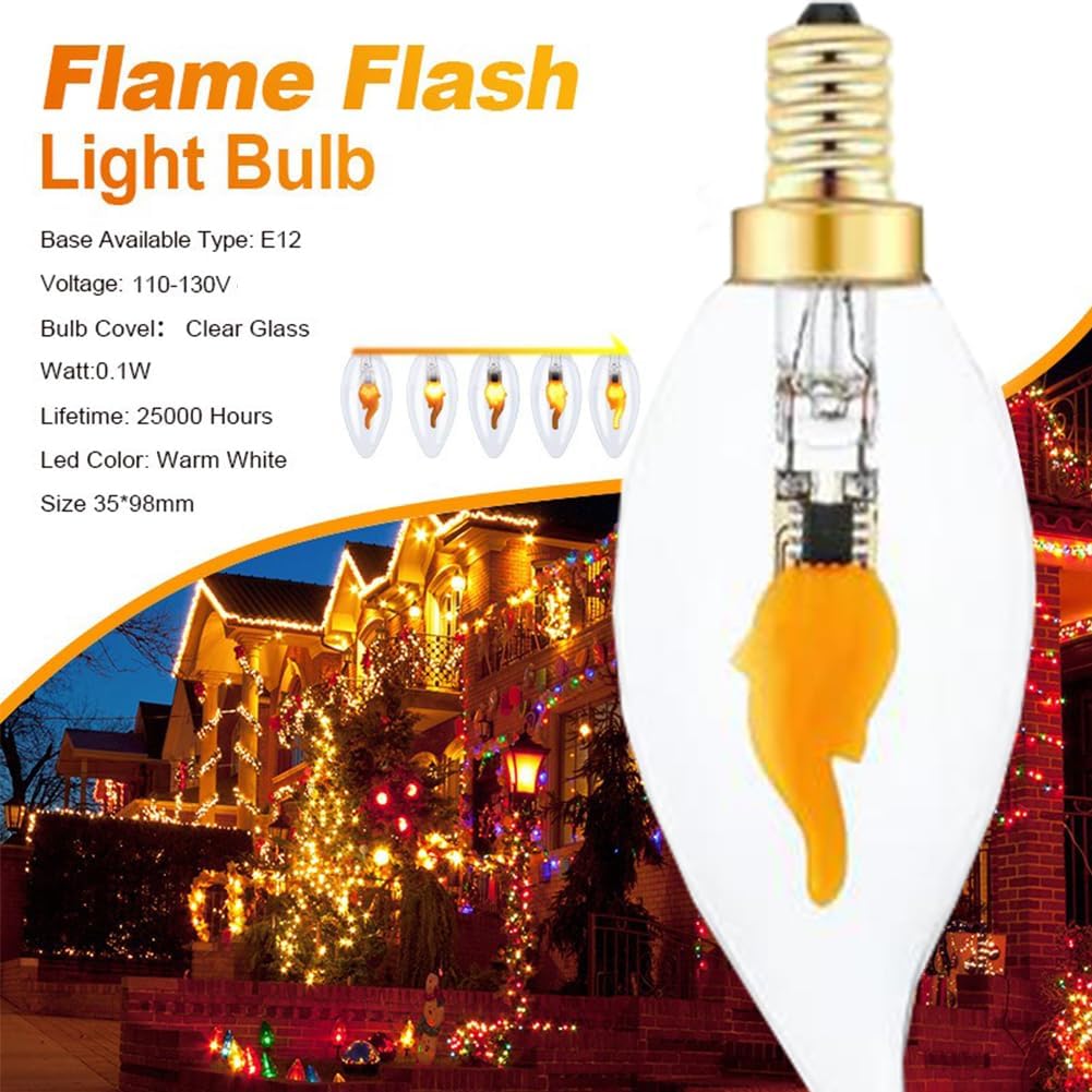 Stereover E12 LED Flickering Flame Decoration Light Bulbs, Stereover Flicker Bulb, E12 Flickering Flame Light Bulbs - Realistic Blaze Effect, Perfect Ambiance for Halloween, Christmas (2 Pack)