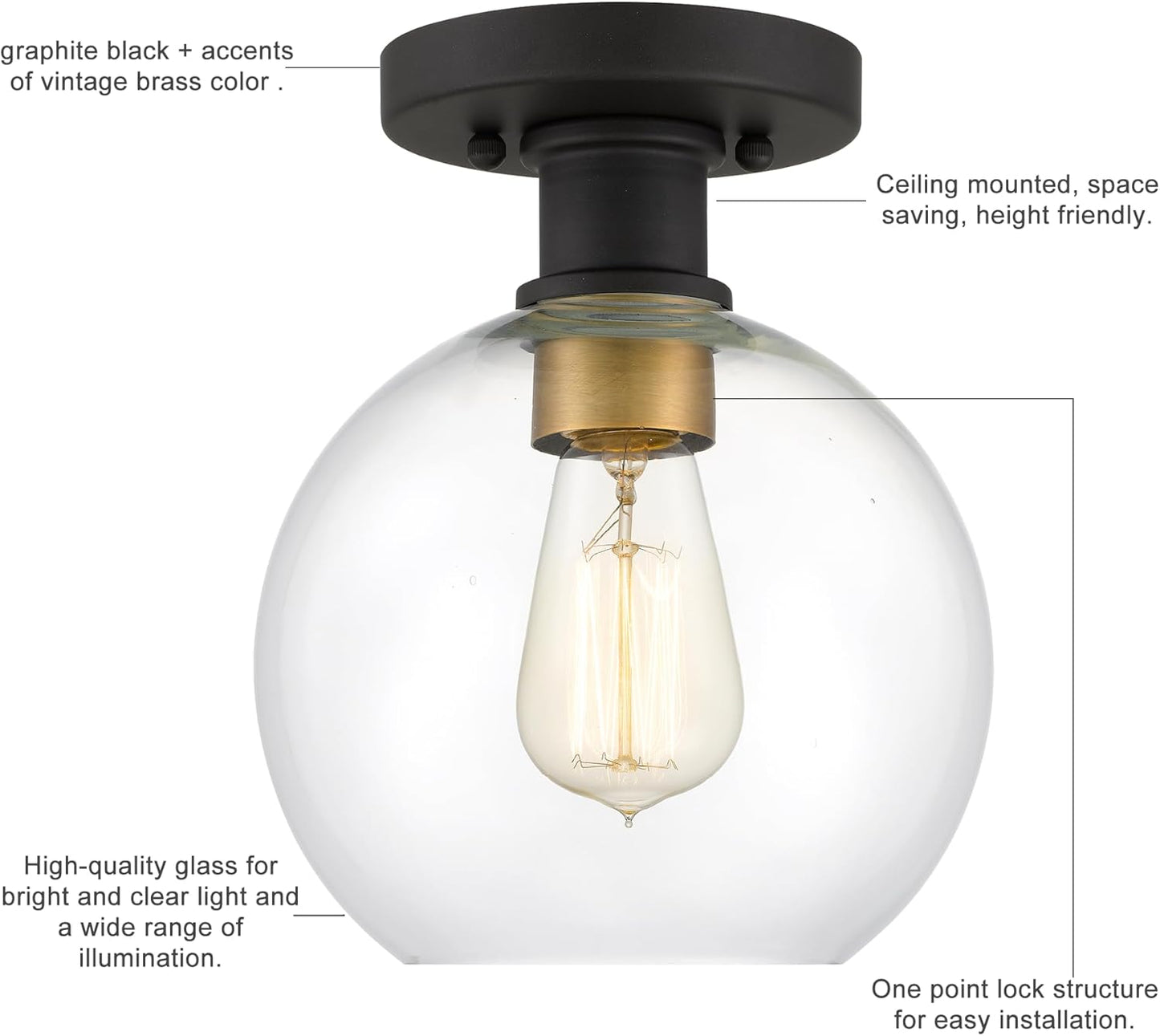 Dan Modern Farmhouse 1-Light Flush Mount Ceiling Light Clear Glass Globe Black Gold Finish for Hallway, Entryway, Passway, Bedroom, Garage, Kitchen, Balcony