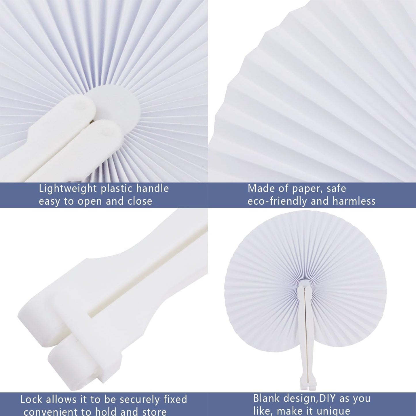 ZWIN 60PCS White Wedding Fans Round Folding Paper Fans Plastic Handle Pocket Fans for Wedding Celebration Birthday Party Favor