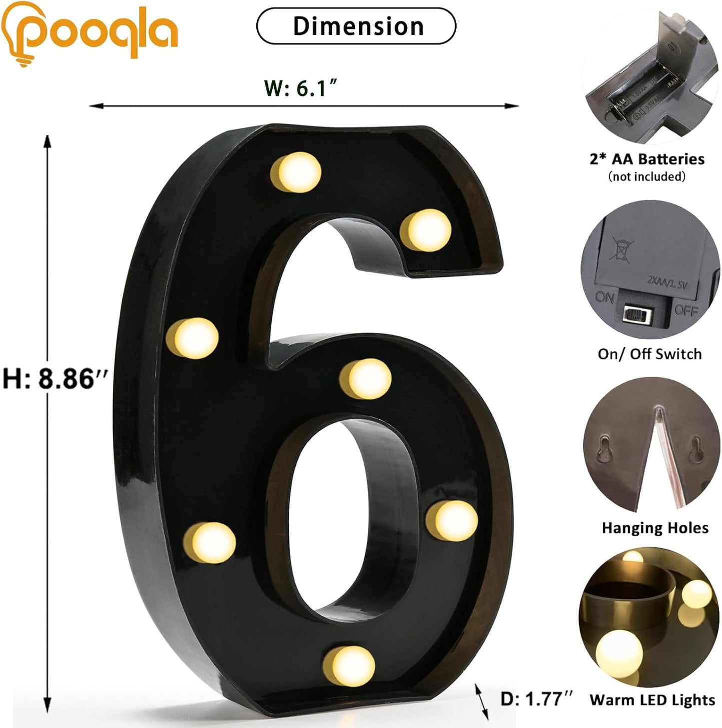 Pooqla Decorative Led Light Up Number Letters, Black Plastic Marquee Number Lights Sign for 6th 16th 60th Birthday Party Wedding Decor Battery Operated Black Decoration 6