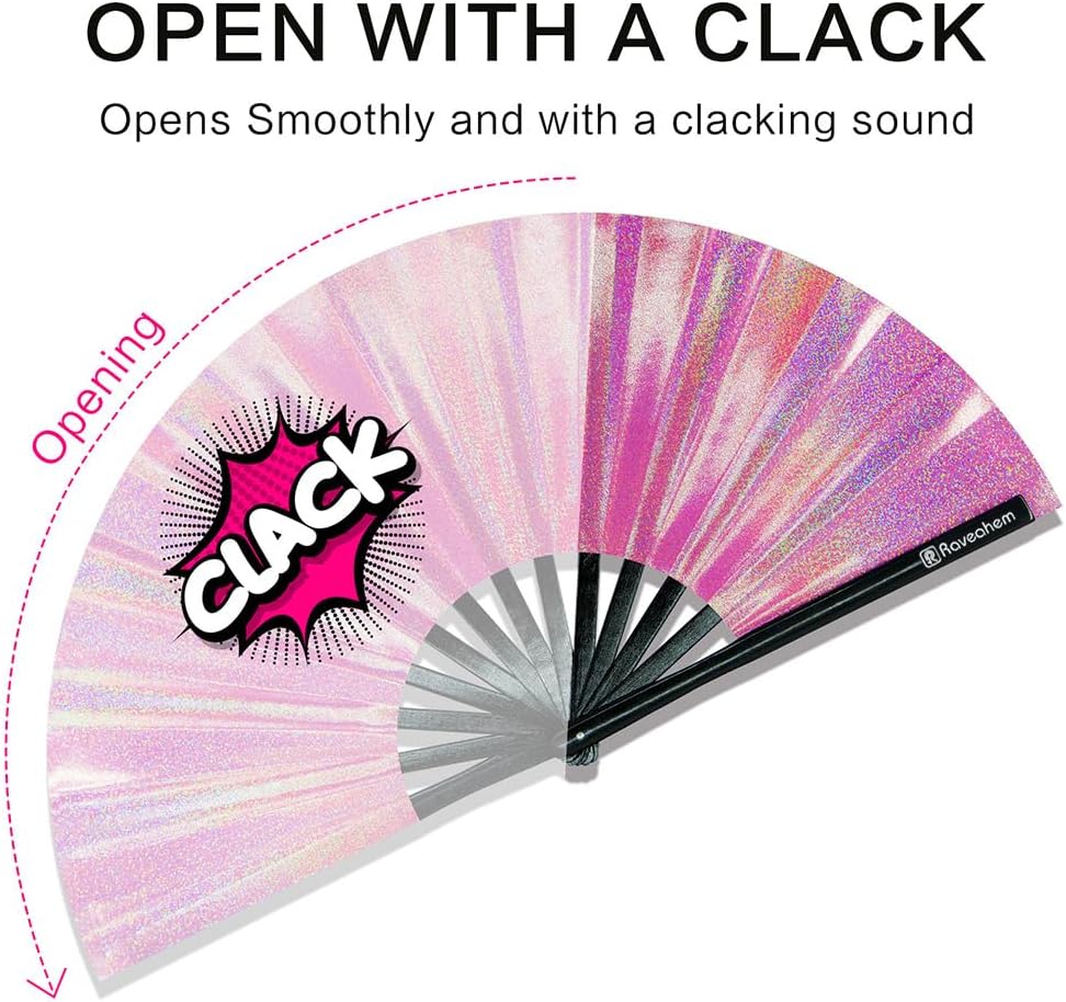 Large Rave Fan, Clack Folding Hand Fan with Premium Fabric, Thick Bamboo Frame for Men Women Gift for EDM, Festival, Club, Party, Dance, Decoration (Lridescent Pink, 11")