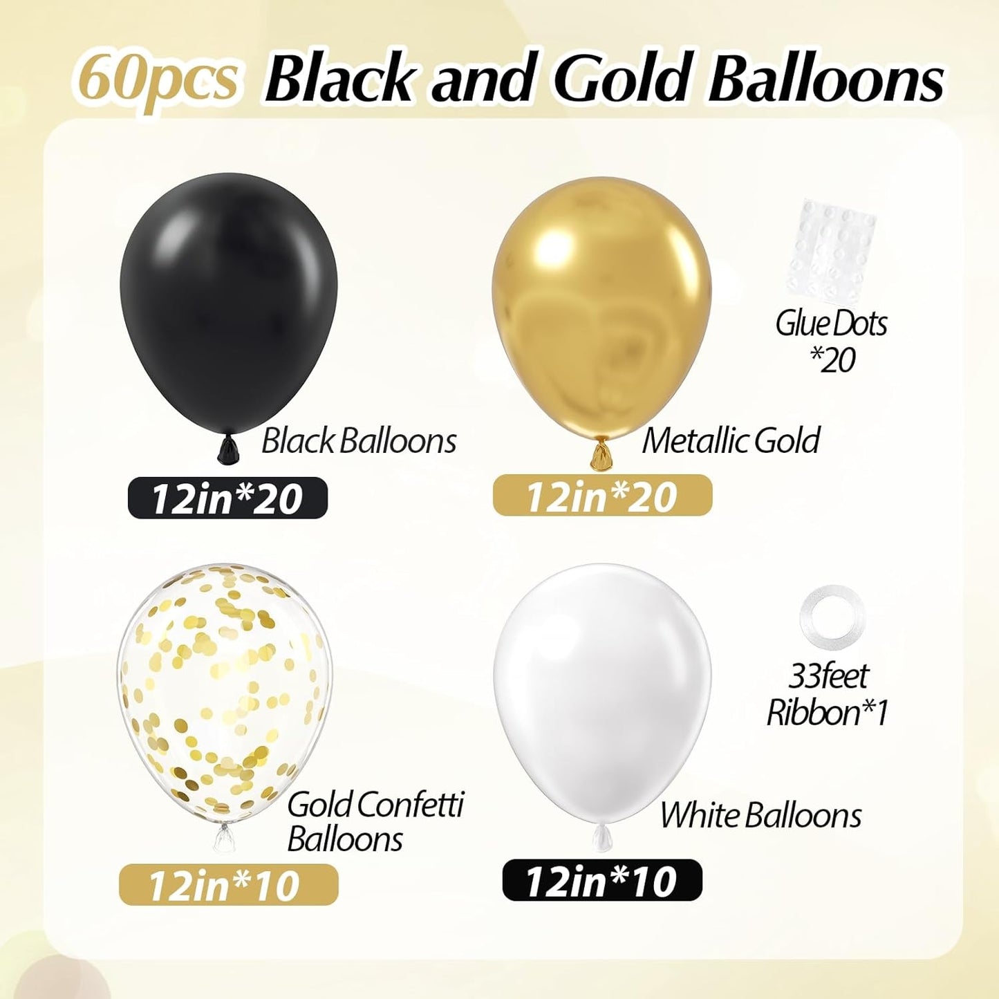 Black White and Gold balloons, 60pcs 12inch Black White Metallic Gold Confetti Balloons for Graduation 2025 Anniversary Birthday Party Decorations