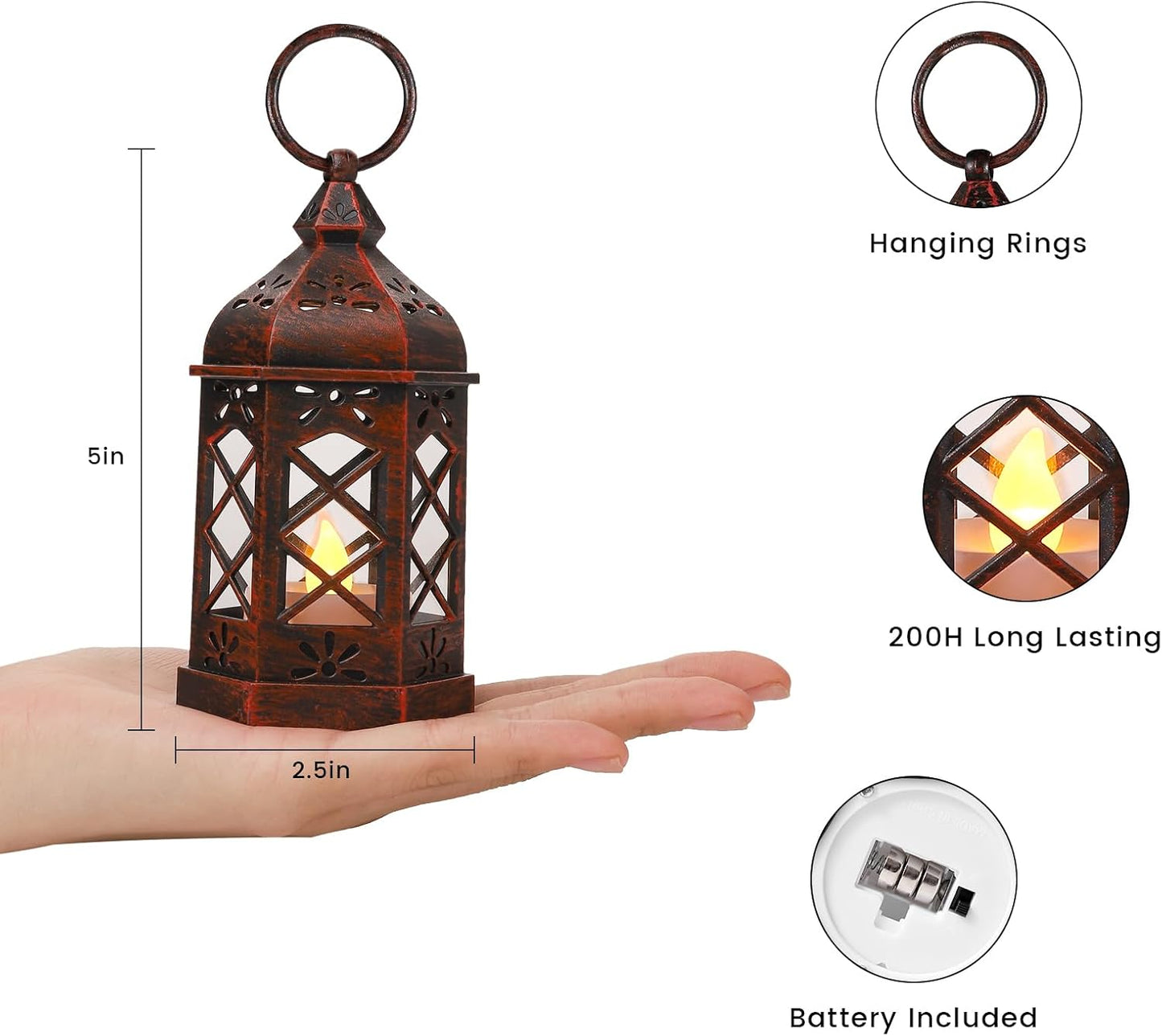 LLQ 12PCS Brushed Red Mini Lantern with LED Tealight for Halloween Decorations, Small Moroccan Lanterns for Wedding Decor, Vintage Christmas Lights for Table Centerpiece, Hanging Ornaments Bulk