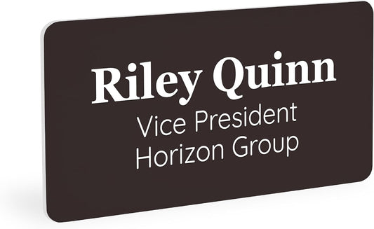 ExcelMark Custom Name Tag - Engraved Name Badge with Pin or Magnetic Backing, 16 Colors, 6 Fonts, and 2 Sizes to Choose from (Brown w/White Letters, 1.5"x 3")