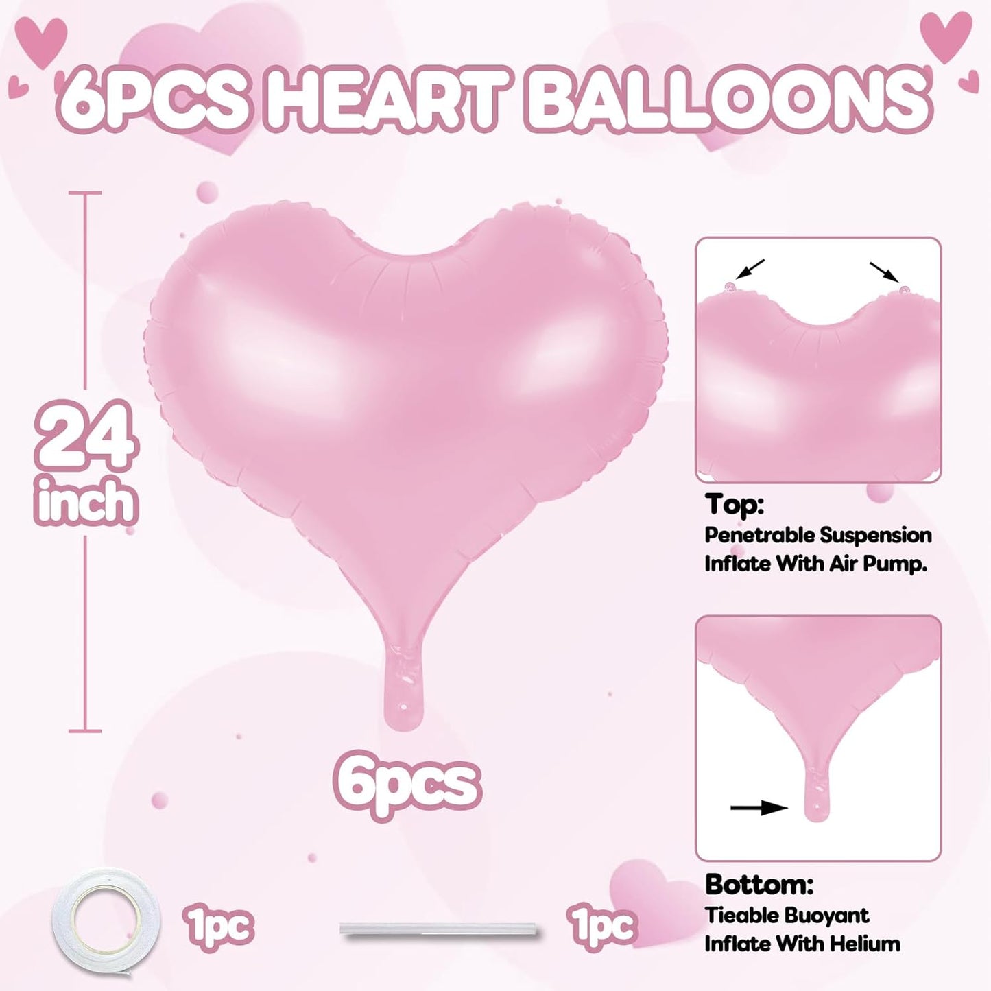 24 Inch Pink Heart Balloons, Heart Shaped Foil Balloons, Light Pink Helium Balloon for Girls Women Baby Bridal Shower Anniversary Wedding Valentines Day Gender Reveal Birthday Party Decorations