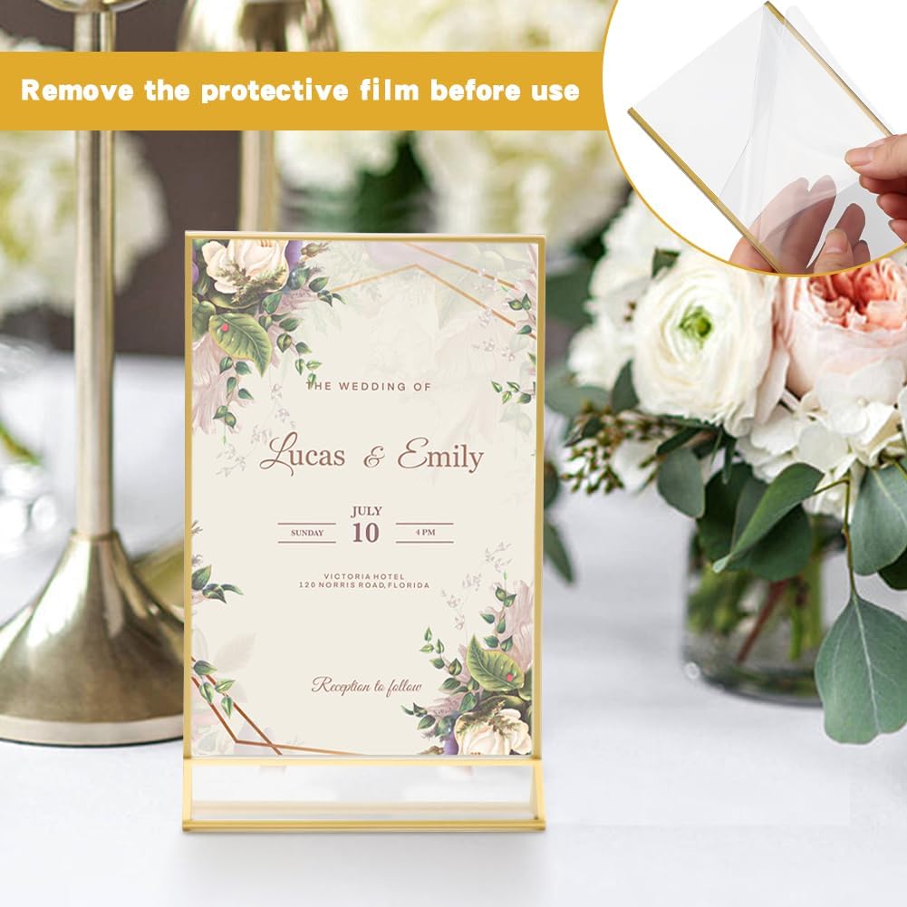 12 Pack Gold Acrylic Sign Holder 4 x 6 inch, Double Sided Gold Picture Frame Stand up Table Top Sign Holders, Wedding Table Number Frames Vertical for Party, Home, Office(4 x 6inch)