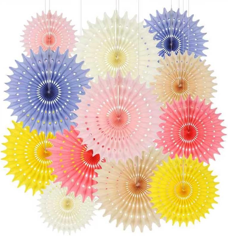 BestoFun 12PCS Paper Fans Light Color Party Decorations Tissue Paper Flowers Decorations for Girl Groovy Birthday Baby Shower Wedding Bachelorette Room Wall Hanging Décor