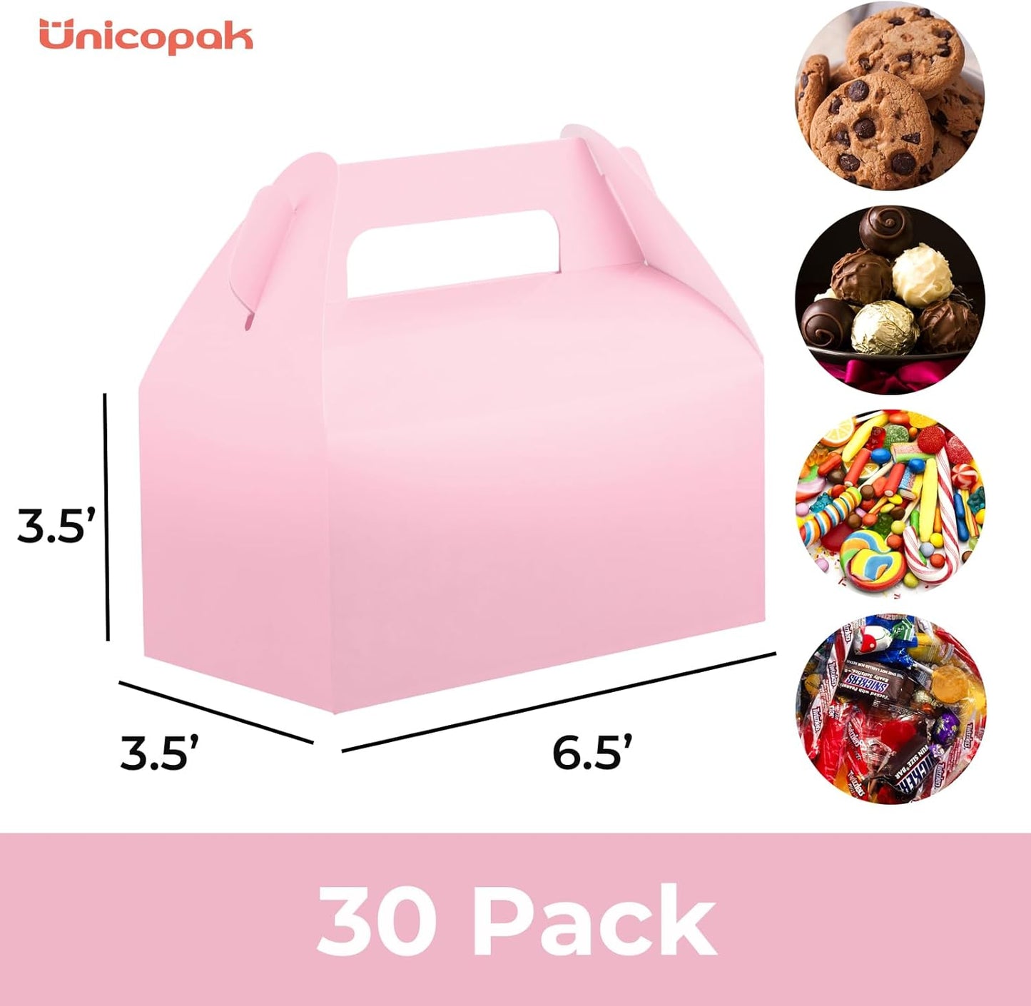 UnicoPak 30 Pack Pink Gable Treat Boxes, Party Favor Boxes, Candy Gift Boxes for Snacks, Candy, Toys, Birthday Party, Wedding, Halloween, Christmas – 6.5x3.5x3.5 Inches