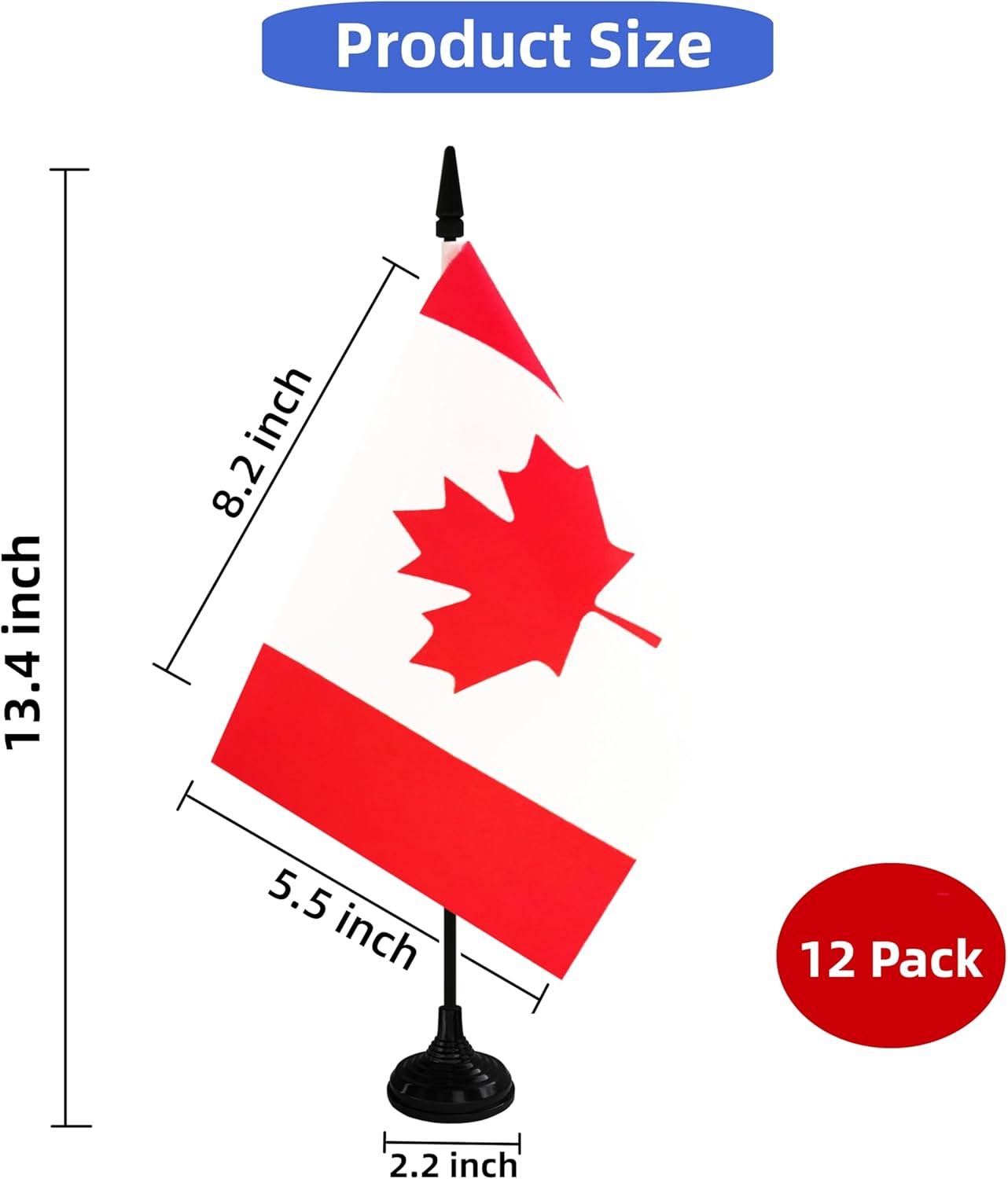 Canada Desk Flag, 12 Pack Canadian Table Office Flag with Black Solid Pole and Stand Base, International Country Flag, Festival Celebration, Classroom Meeting Desktop Decor (Canada)