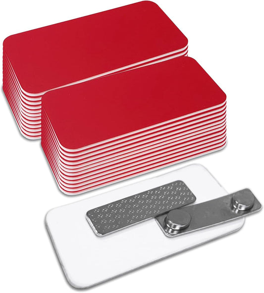 Red Name Tag Blanks – 25 Pack, 1.5" x 3", Round Corners, DIY Engravable Plastic Badges with Magnetic Backing – All Quality Badges