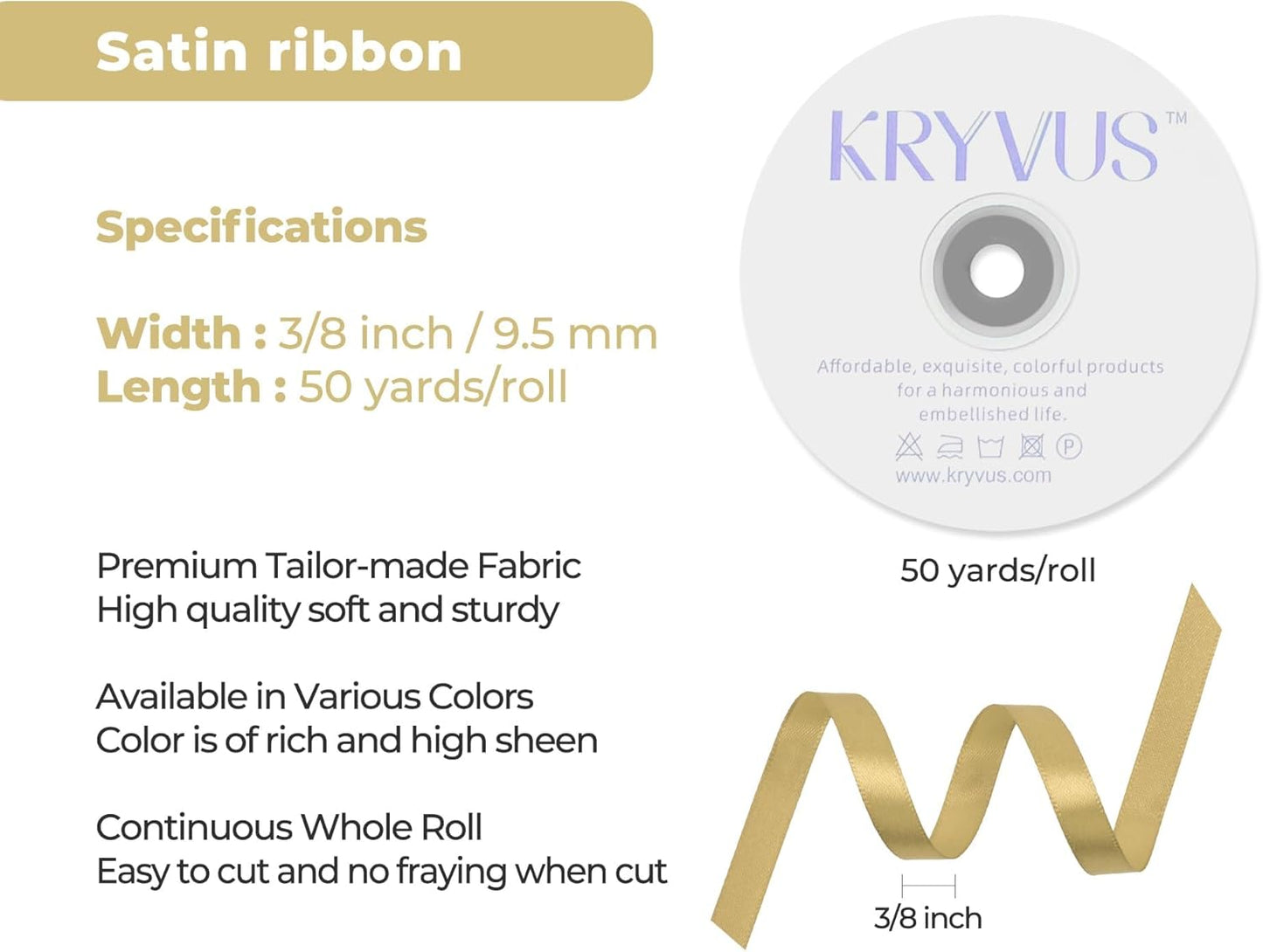 Light Gold Satin Ribbon 3/8 inch X Continuous 50 Yards, Single Face Polyester Ribbon Perfect for Gift Wrapping, Flower Bouquet, Wedding Decor, Crafts, Bow Making, Sewing and More