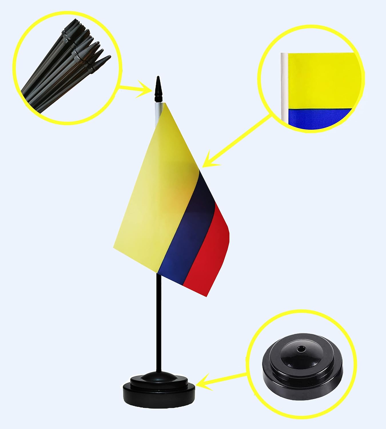 Colombia Colombian Deluxe Desk Flag Set Small Mini Miniature Colombia Colombian Table Desktop Flags With Solid Pole, Black Base and Spear Top(2 Pack)