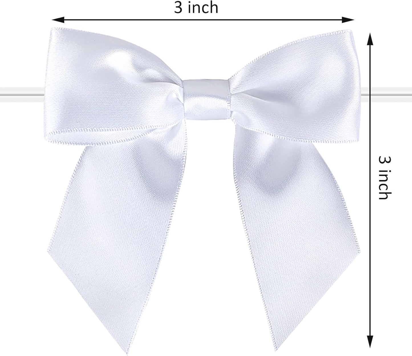 114 Pack Twist Tie Bows for Treat Bags 3" White Satin Ribbon Bows for Package Craft, Gift Wrapping Decoration, Candy Bags, Bakery Bags, Wedding, Baptism, Tableware Decor Party Decoration