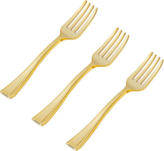 N9R 200PCS Gold Plastic Mini Forks, 4 Inches – Heavy Duty Disposable Cocktail, Dessert & Appetizer Forks, Elegant Party Serving Utensils for Tastings, Finger Foods, Weddings, Events