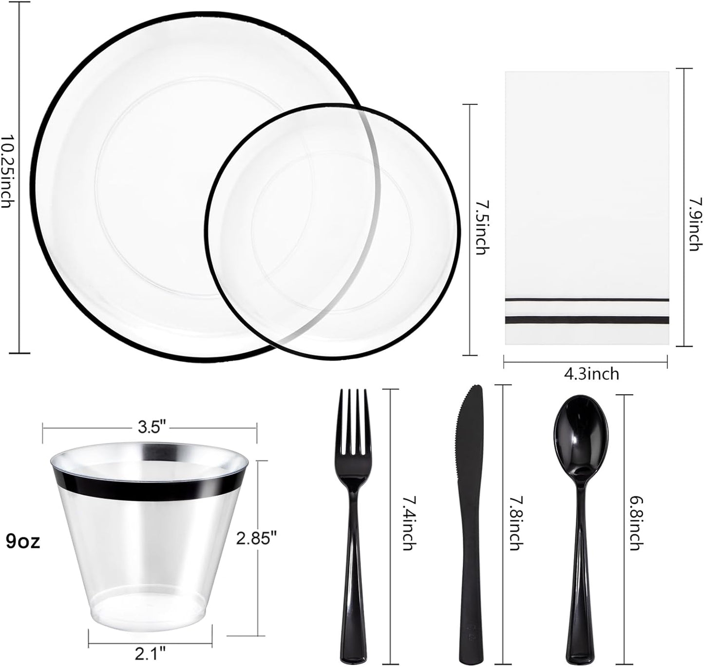 NOCCUR 350PCS Clear and Black Plastic Plates - Disposable Dinnerware Set for 50 Guests Include 100 Dinner/Dessert Plates,150 Black Cutlery,50 Cups&50 Napkins Ideal for Party, Birthday, Halloween