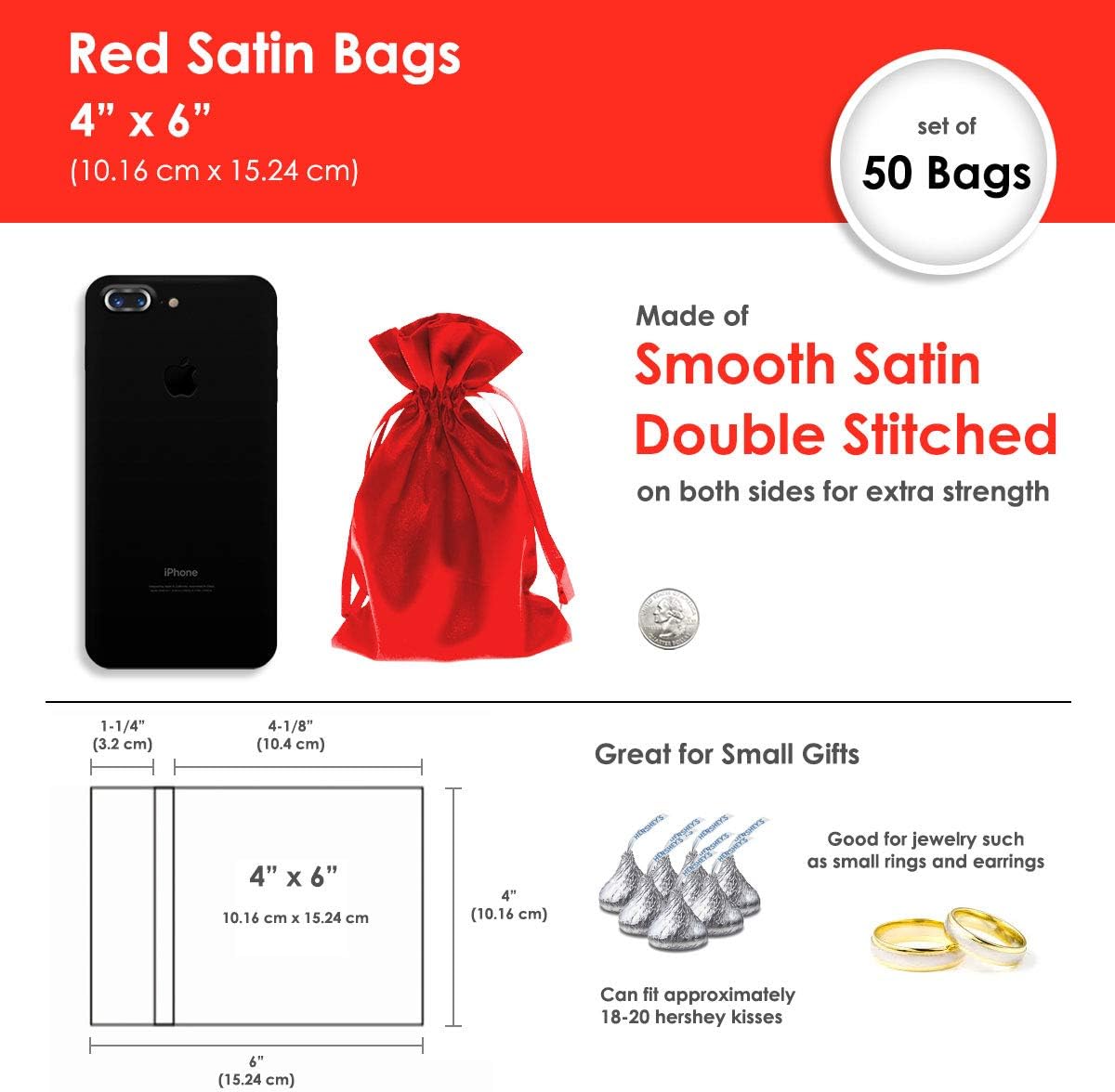 4" x 6" Red Satin Gift Bags - Jewelry, Wedding Favor Drawstring Pouches for Baby Shower, Christmas - 50 Pack