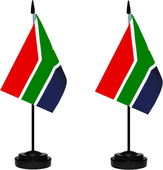 South Africa South African Deluxe Desk Flag Set Small Mini Miniature South Africa South African Table Desktop Flags With Solid Pole, Black Base and Spear Top(2 Pack)