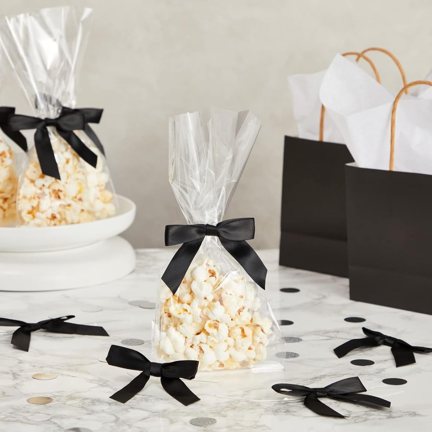 Juvale Gift Bows with Twist Ties - Mini Bows for Crafts & Wrapping - Pre-Tied Satin Polyester Ribbon for Treat Bags & Balloons - 3-Inch, Black, 100 Pack