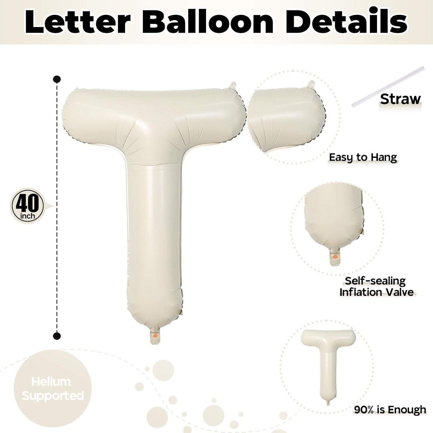 Cream Name Balloon Letters, Large Mylar Helium Alphabet T Custom Balloon Letter Beige Decor, 40 Inch Inflatable Sand White Letter T Foil Customize Balloons for Girls Birthday Party Decoration Supplies