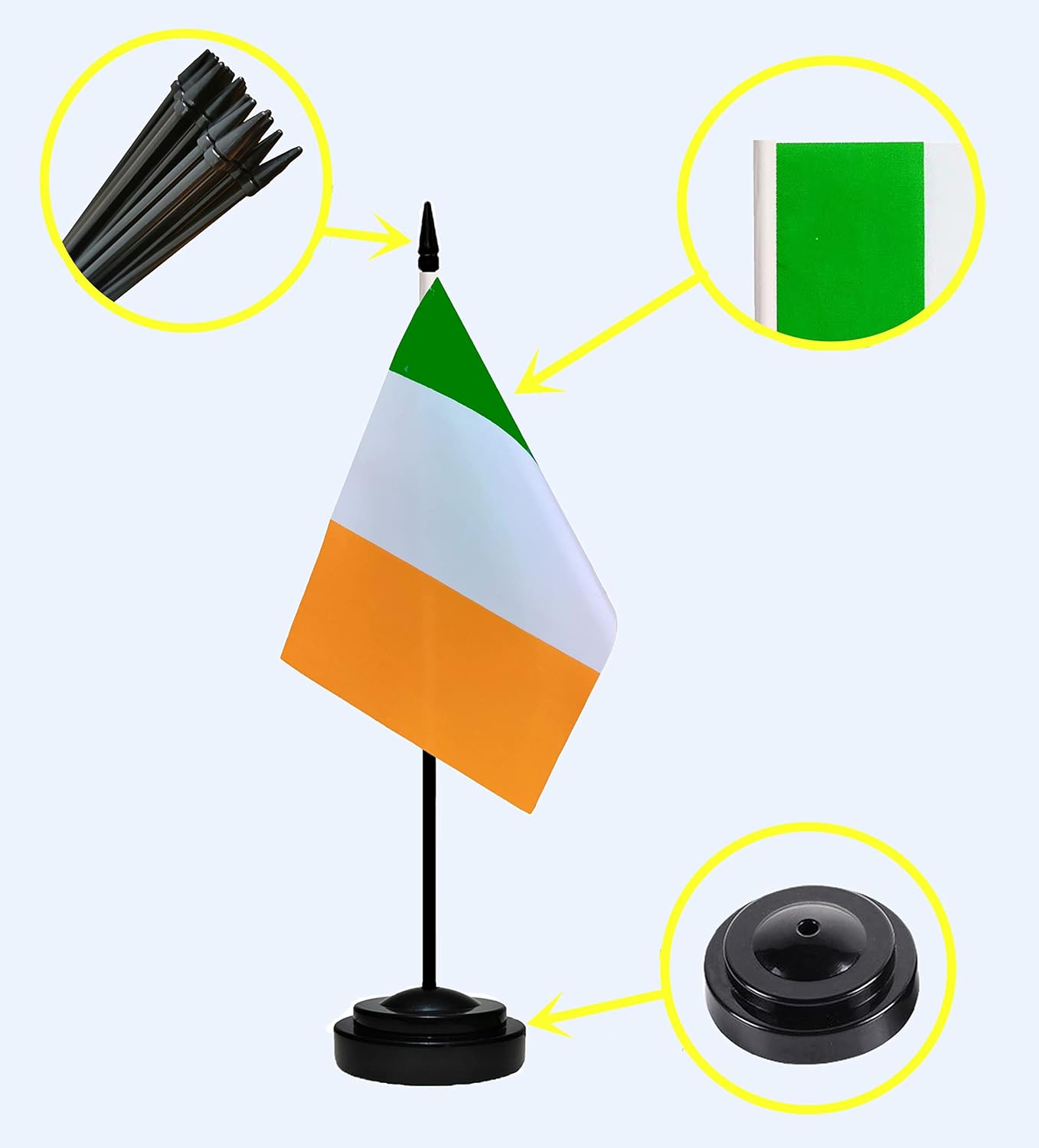 Ireland Irish Deluxe Desk Flag Set Small Mini Miniature Ireland Irish Table Desktop Flags With Solid Pole, Black Base and Spear Top(2 Pack)